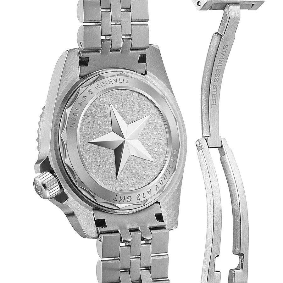 Official BODERRY Admiral GMT photograph of the caseback engraving and titanium bracelet.