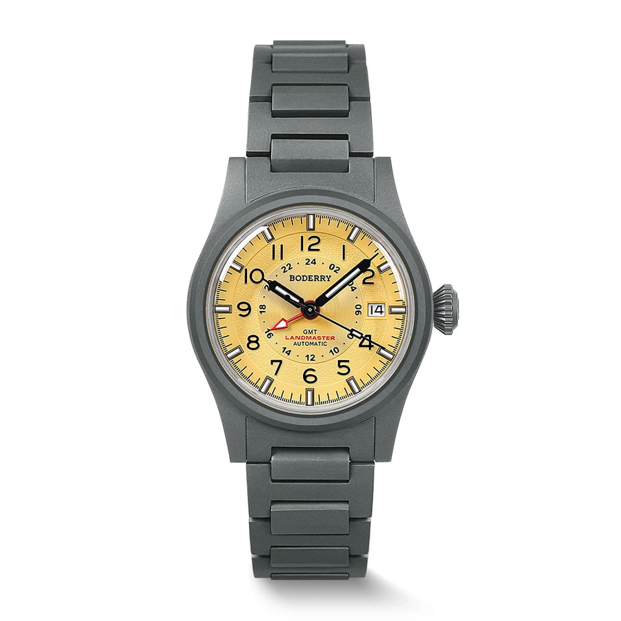 Official BODERRY photograph of the yellow-dial Landmaster GMT on a titanium bracelet.