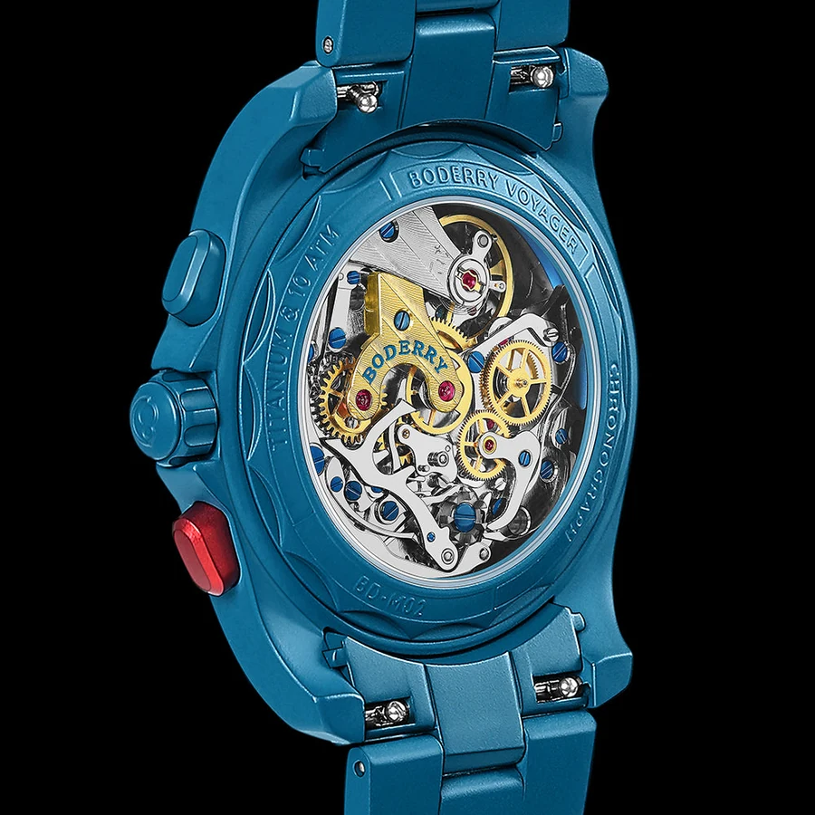 Official BODERRY caseback photograph showing the Seagull ST19 movement inside the Cerulean Blue Voyager Chronograph.