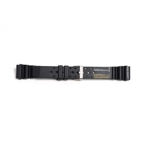 Official Chrono Straps UK product photo of the black ribbed rubber diver-style watch strap with silver buckle and printed sizing chart.