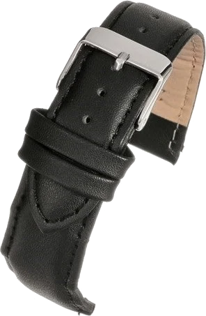 Official Chrono Straps UK product photo of the black padded stitched leather strap with silver stainless-steel buckle, isolated from its white background.