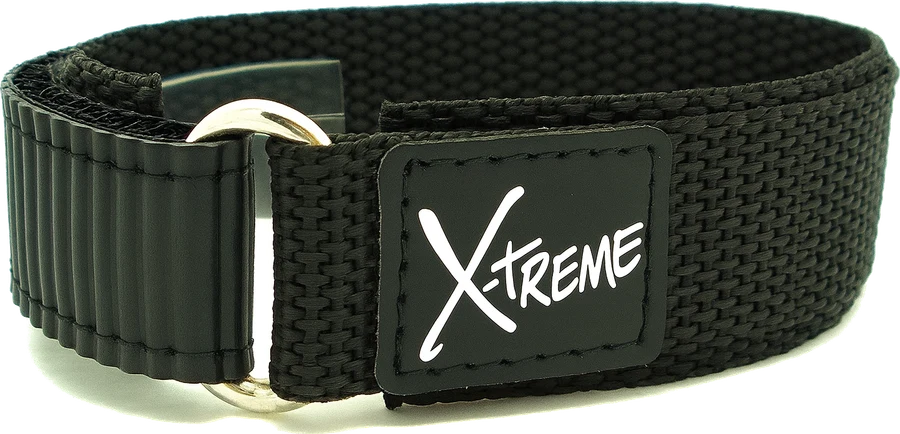 Official black X-Treme 20 mm nylon hook-and-loop watch strap with a reinforced ring end and branded patch, isolated on transparency.