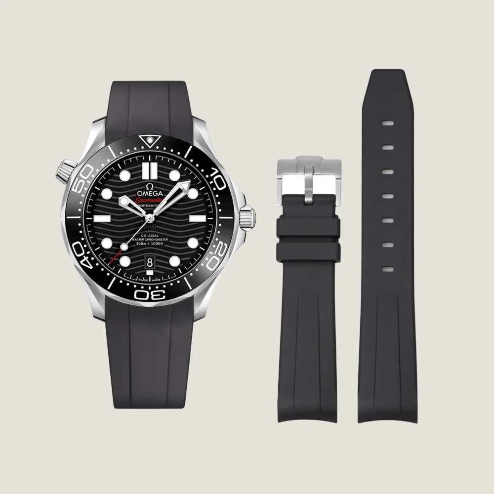 Epoch reference photo showing the black strap fitted to an Omega dive watch beside the detached strap sections.