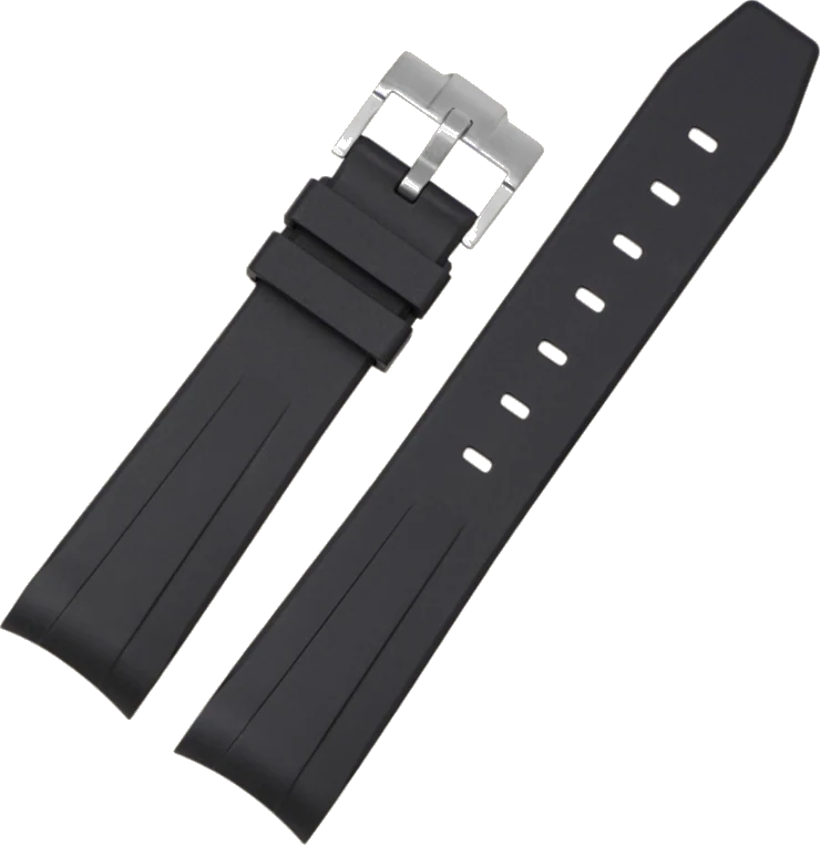 Official Epoch product photo of the black FKM rubber strap with its silver buckle, shown as two separate strap sections.