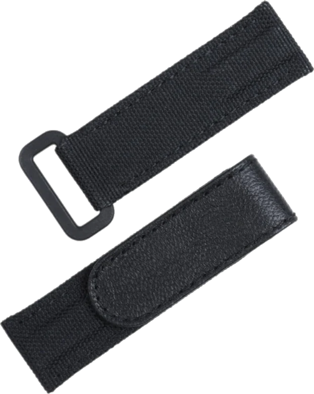 Official Epoch Straps image of the black 20 mm sailcloth Velcro strap, shown as two strap sections on transparency.
