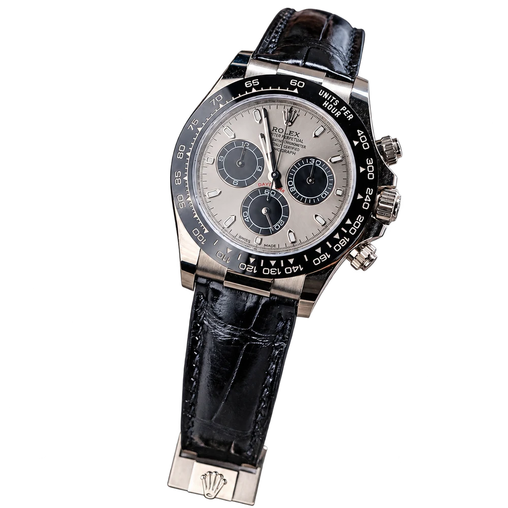 Official Epoch Straps product photo of a steel Daytona-style chronograph on a black alligator leather strap, with the background removed.