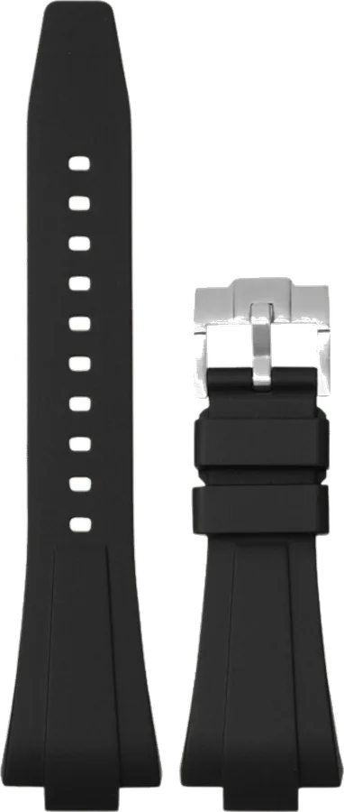 Official Epoch Straps photo of the black FKM rubber strap for Tissot PRX with a silver pin buckle, shown as two detached sections.