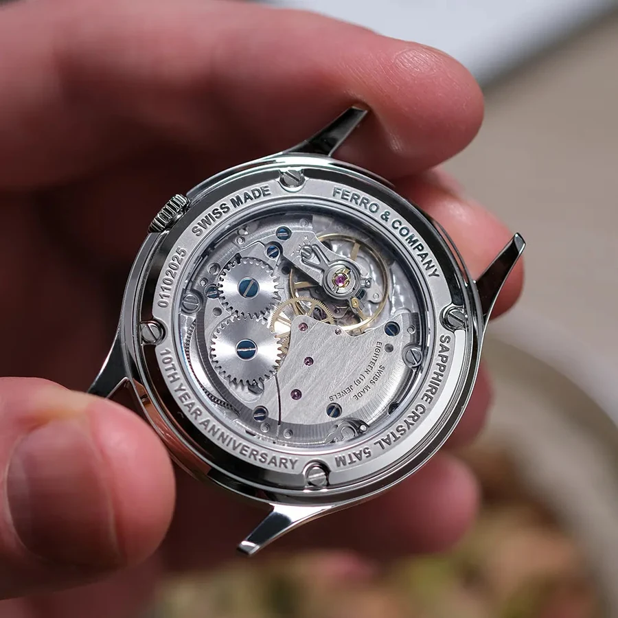 Official Ferro photograph of the Paramount caseback, showing the hand-wound Sellita movement through sapphire.
