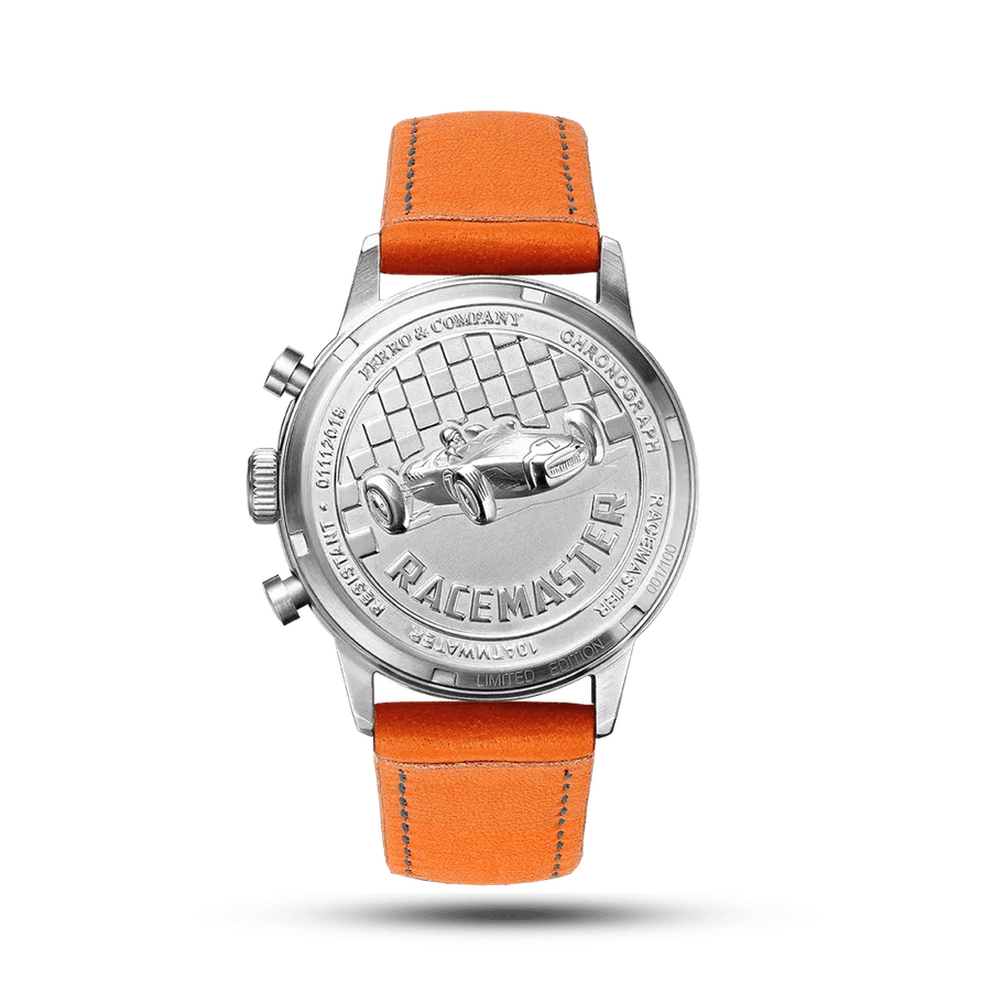 Official Ferro & Company caseback photo of the Race Master Chronograph Azul with a sculpted vintage race car.
