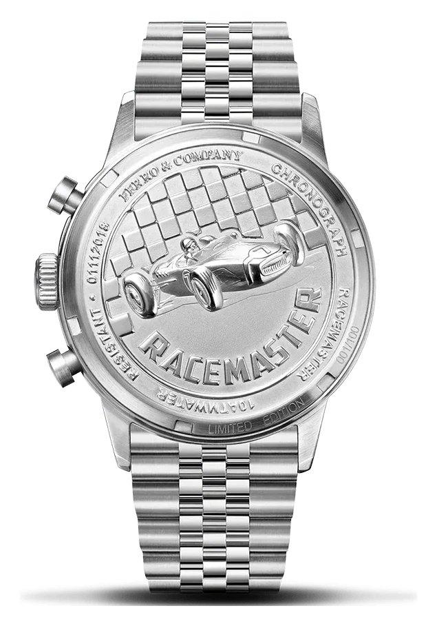 Official Ferro & Company Race Master Chronograph Corsa caseback and steel-bracelet product photo with a sculpted racing car.