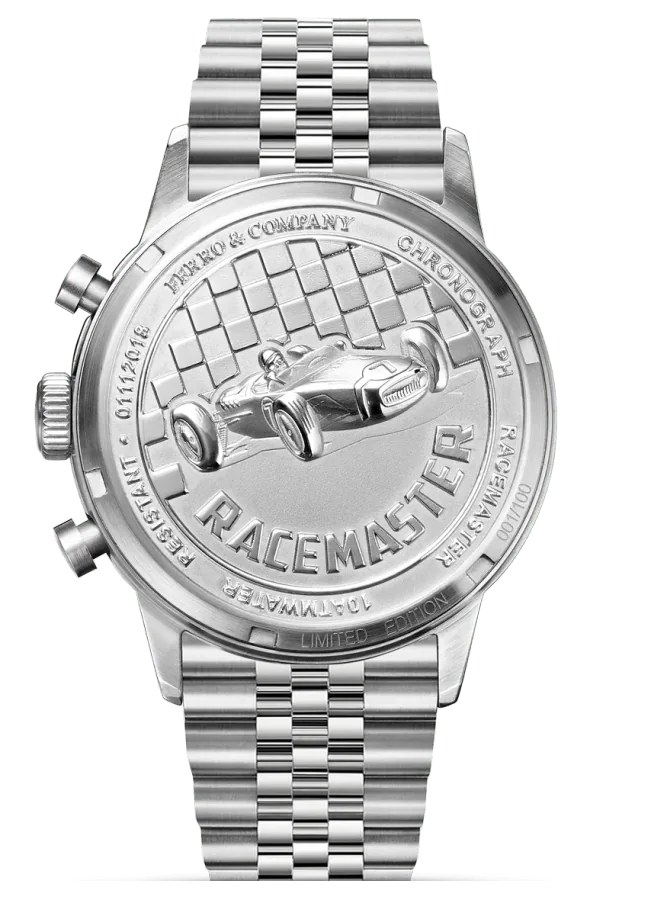 Official Ferro & Company Race Master Chronograph Green BR caseback with sculpted race-car engraving and Jubilee bracelet.