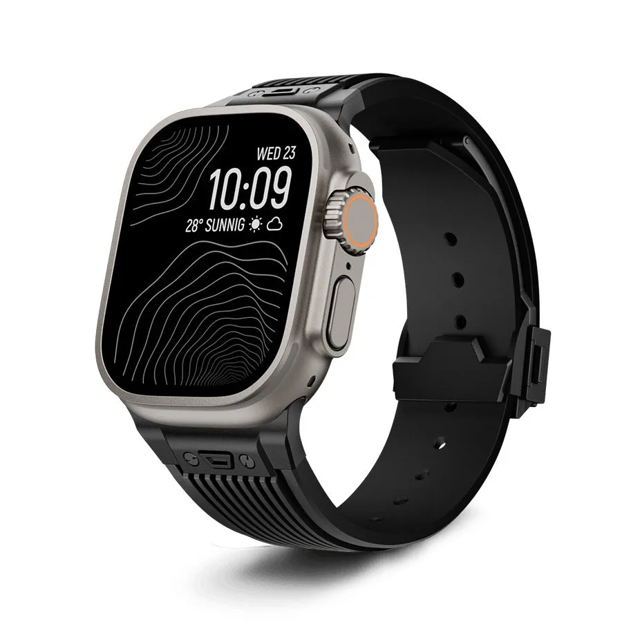 Official iModWatch photo of the black liquid silicone strap with a black deployment clasp fitted to an Apple Watch Ultra.