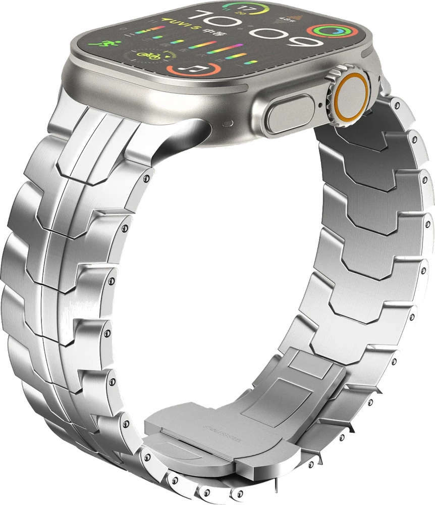 Official iModWatch image of a titanium-alloy link bracelet fitted to an Apple Watch, isolated from its white background.