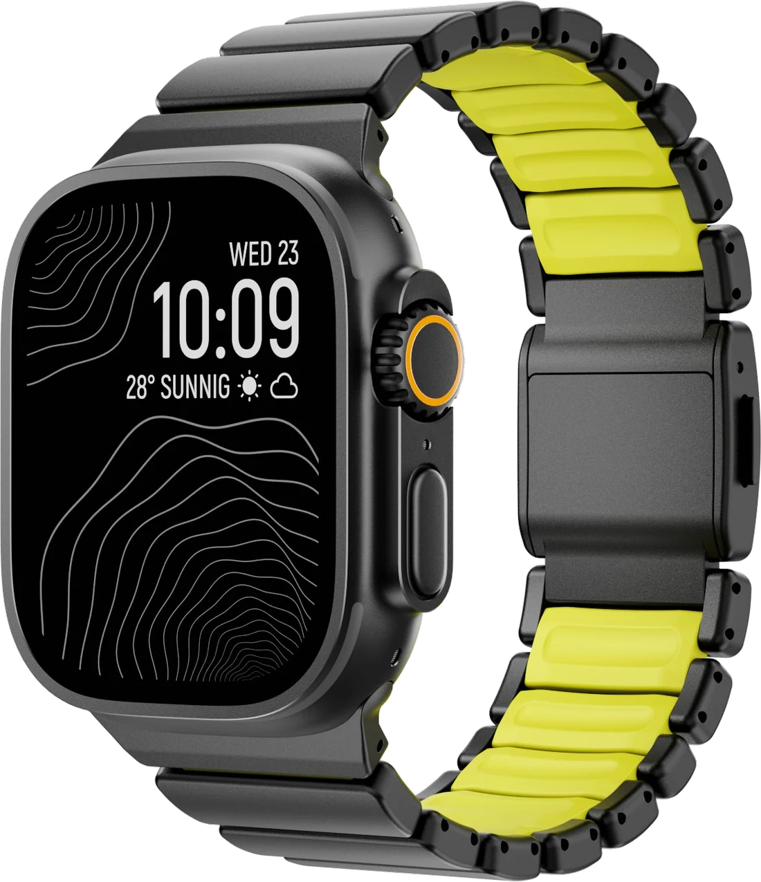 Official iModWatch product image showing a black titanium and neon green hybrid band fitted to an Apple Watch Ultra; the watch is shown for context.