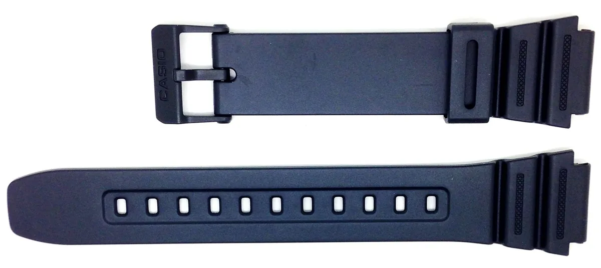 Official Japan Watch Parts photo of both pieces of the black Casio 10365960 replacement strap on a white background.