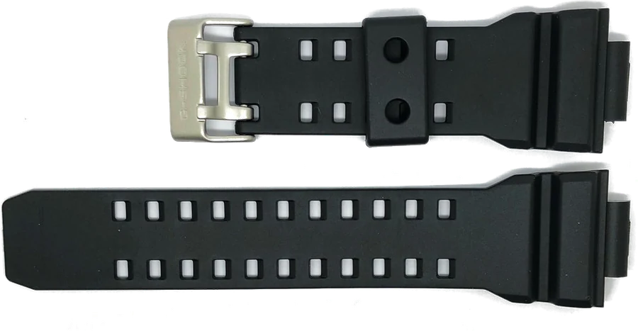 Official Japan Watch Parts photo of the black resin Casio GD-350 replacement strap and metal buckle.