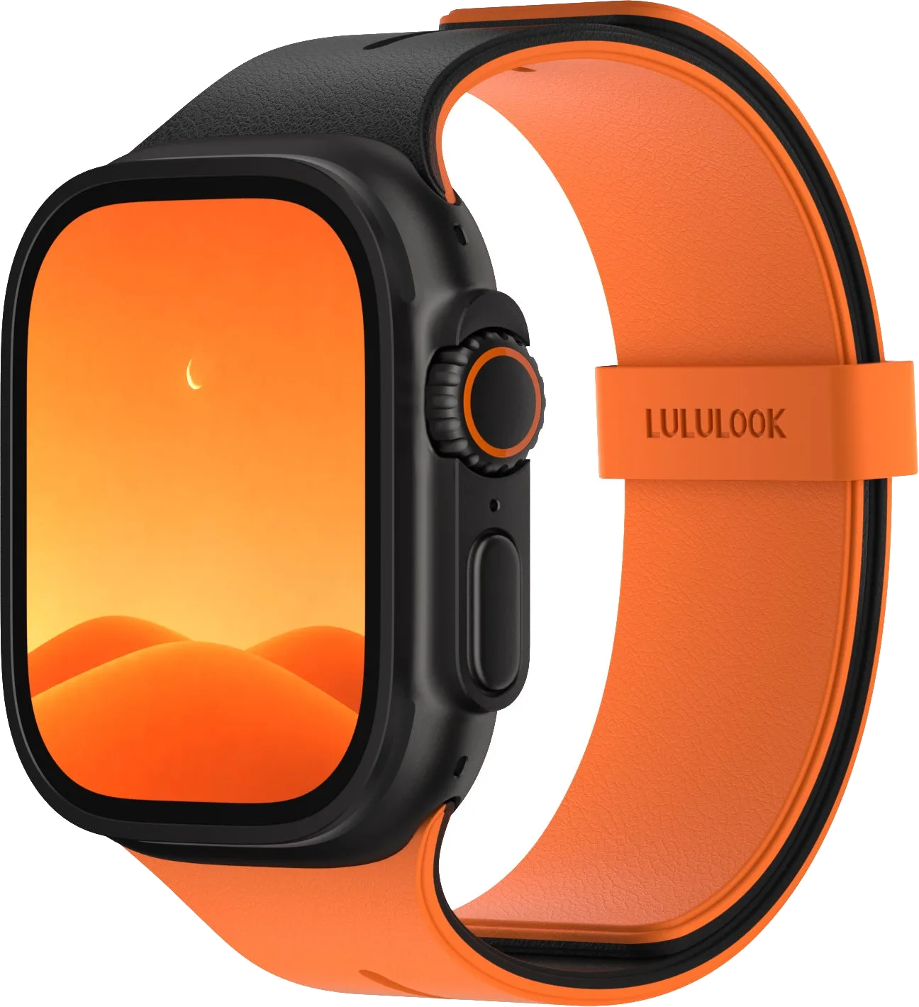 Official LULULOOK product image of the black and orange Magduo reversible magnetic band fitted to an Apple Watch Ultra-style case.
