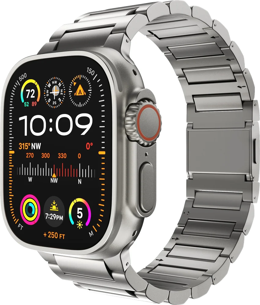 Official LULULOOK image of the Natural Grade 4 titanium Nexus bracelet fitted to an Apple Watch Ultra.