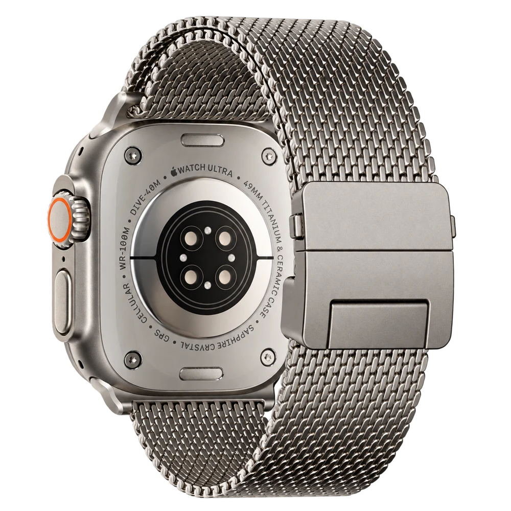 Official LULULOOK image of the Strata Grade 5 titanium Milanese band fitted to an Apple Watch Ultra case.