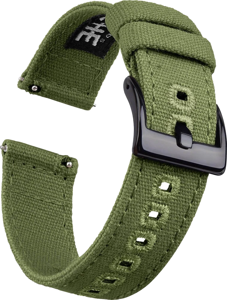 Official Ritche Army Green cotton canvas watch strap with black buckle and quick-release bars, shown on transparency.