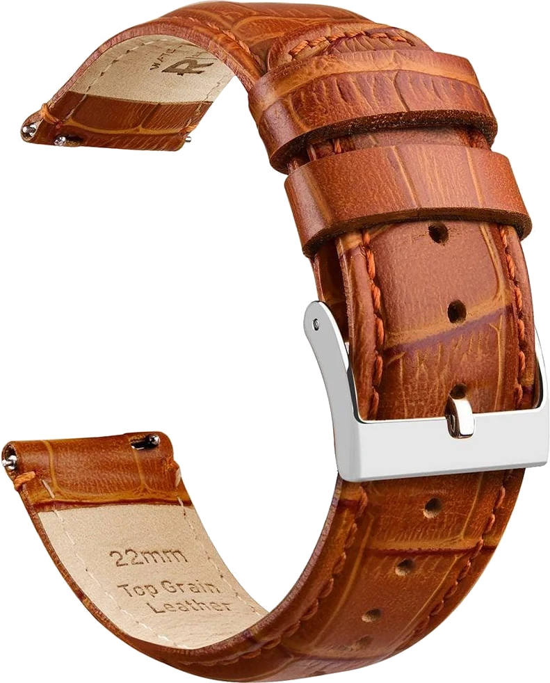 Official Ritche Watch Bands photo of the brown 22 mm alligator-pattern top-grain leather strap with silver buckle, isolated from white.