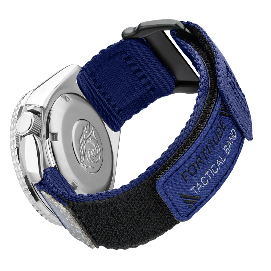 Official Ritche photo of a blue Sports Nylon watch strap fitted to a watch.