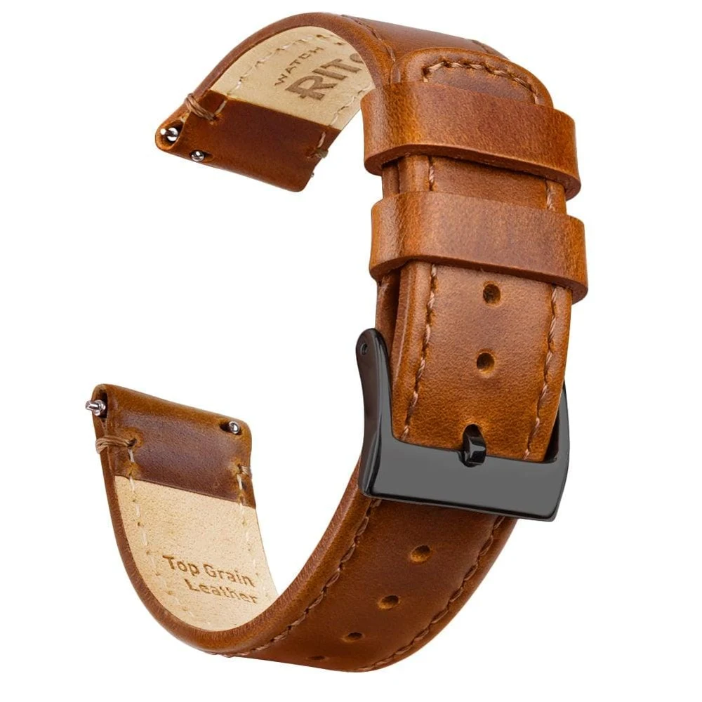 Official Ritche photo of the Toffee Brown top-grain leather watch strap with a black buckle.