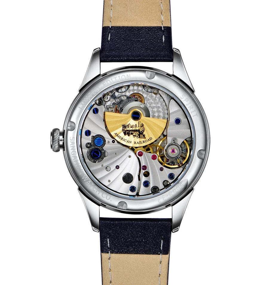Official caseback photo of the Sangamon American Railroad - Blue showing its exhibition back and gold HZ micro-rotor.