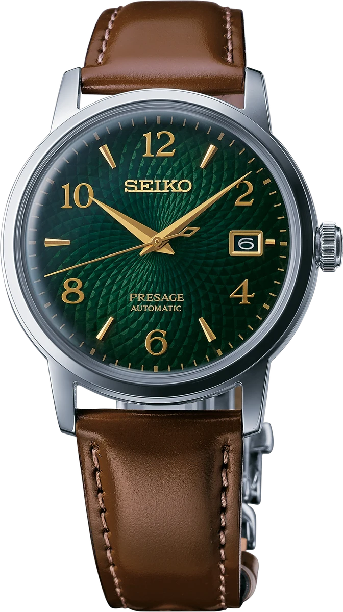 Seiko Presage SRPE45 with a patterned green dial and tan leather strap
