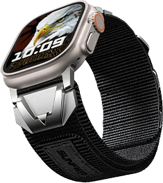 Official transparent SUNFWR image of the black Eagle-Soar nylon band fitted to an Apple Watch case.