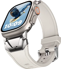 Official transparent SUNFWR image of the white Eagle-Vigor silicone band fitted to an Apple Watch case.