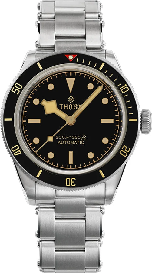 Official THORN image of the SHY028 vintage diver with a black gilt-style dial, snowflake hands and a rivet-style bracelet.