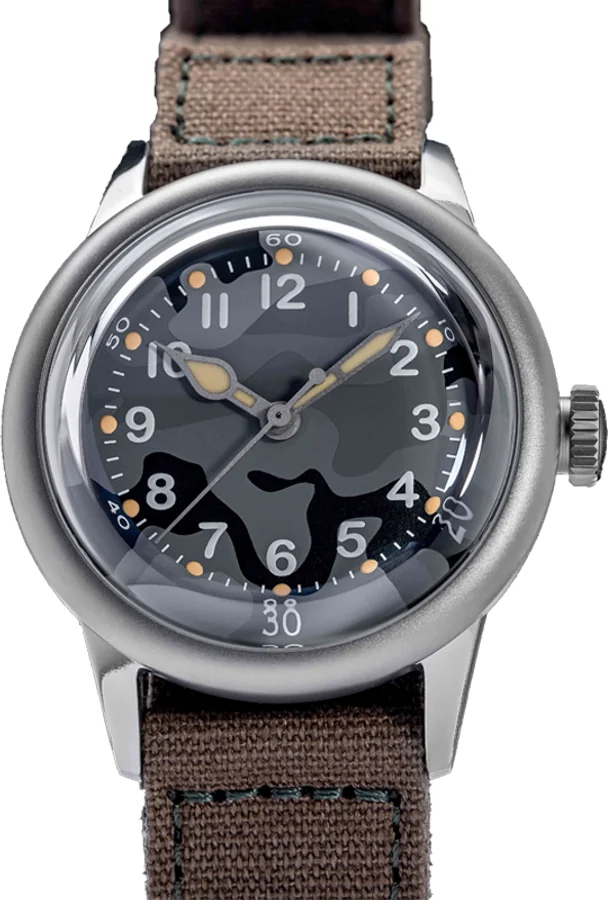 Official THORN image of the SHY034 A11 titanium watch with a camouflage dial and olive canvas strap.
