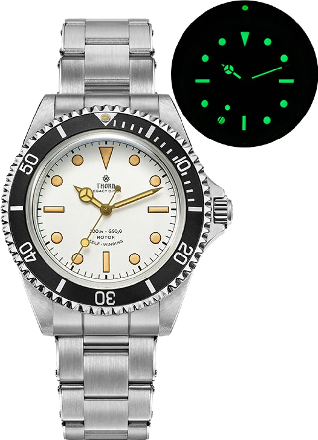 Official THORN T023 V3.1 Cream White watch with its separate C3 lume view; the white background has been removed.