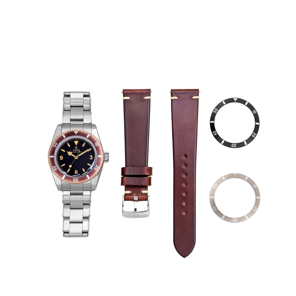 Official THORN product image showing the T028 black-dial watch, leather strap and two interchangeable bezel inserts.
