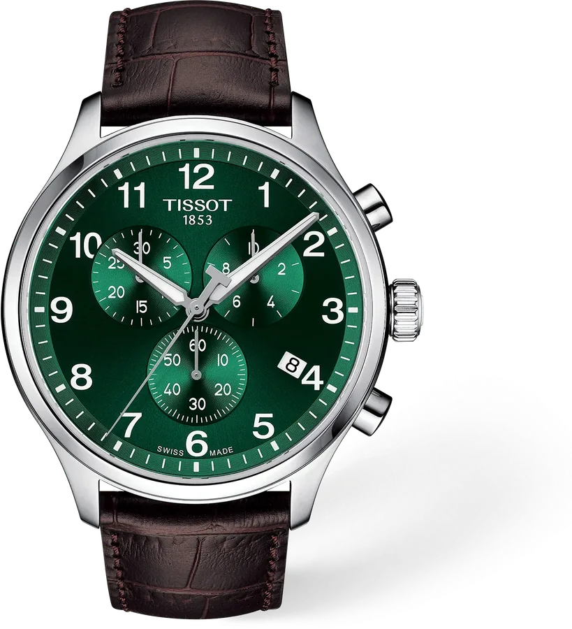 Official Tissot image of the Chrono XL Classic with a green dial, Arabic numerals and a brown leather strap.