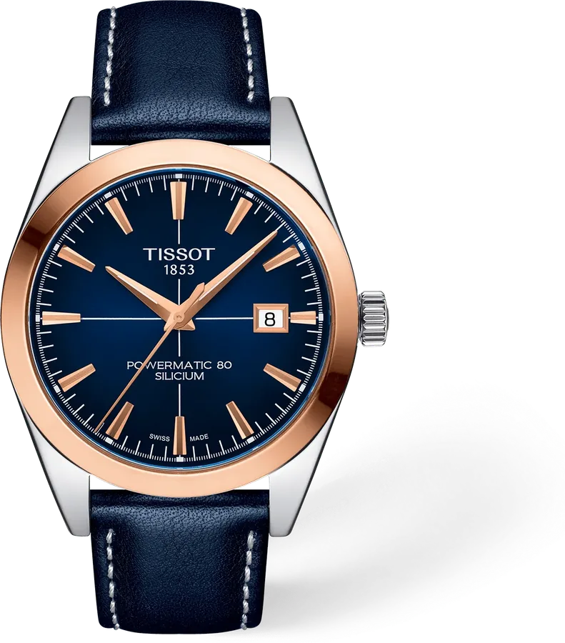 Official Tissot image of the Gentleman Gold Bezel with a blue dial, rose-gold bezel and blue leather strap.