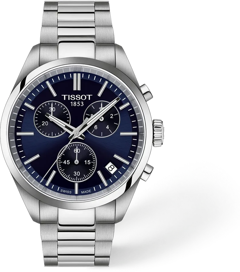 Official Tissot image of the PR 100 Chronograph with a blue dial and steel bracelet.