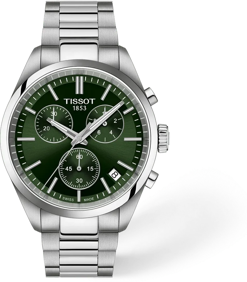 Official Tissot image of the PR 100 Chronograph with a green dial and steel bracelet.