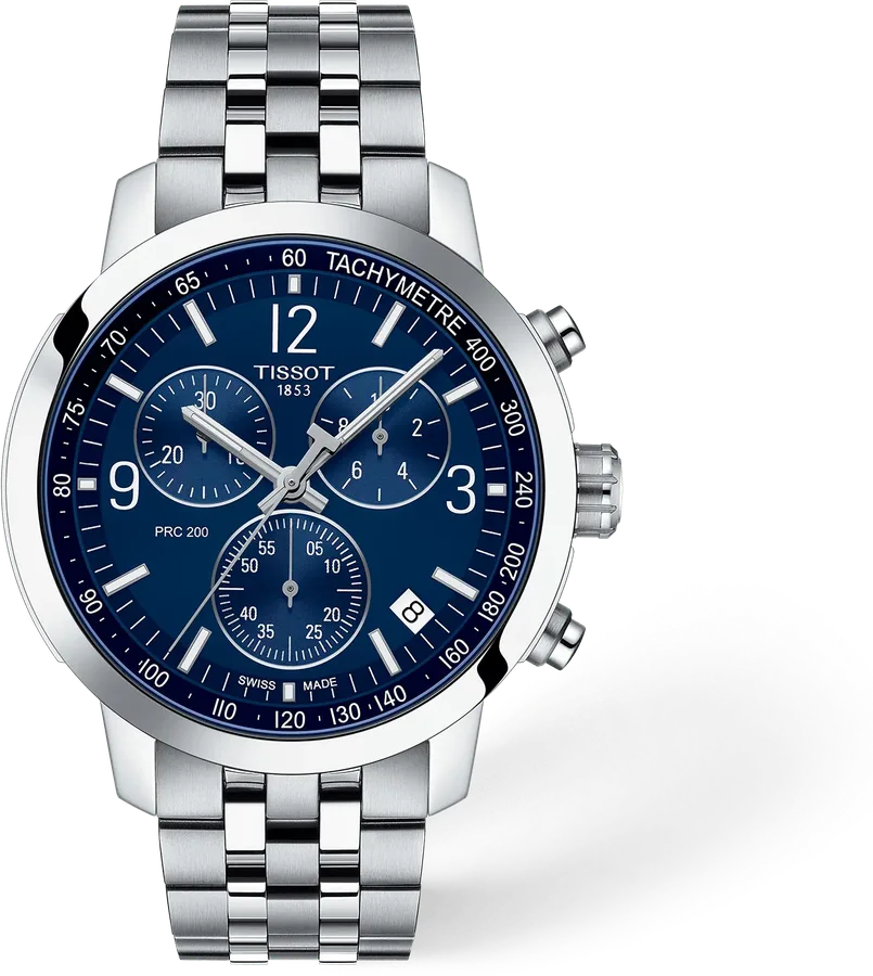 Official Tissot image of the PRC 200 Chronograph with a blue dial and steel bracelet.