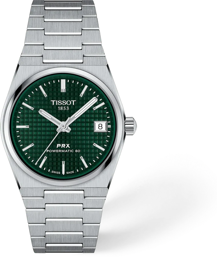Official Tissot image of the 35 mm PRX Powermatic 80 with a green waffle dial on its integrated steel bracelet.