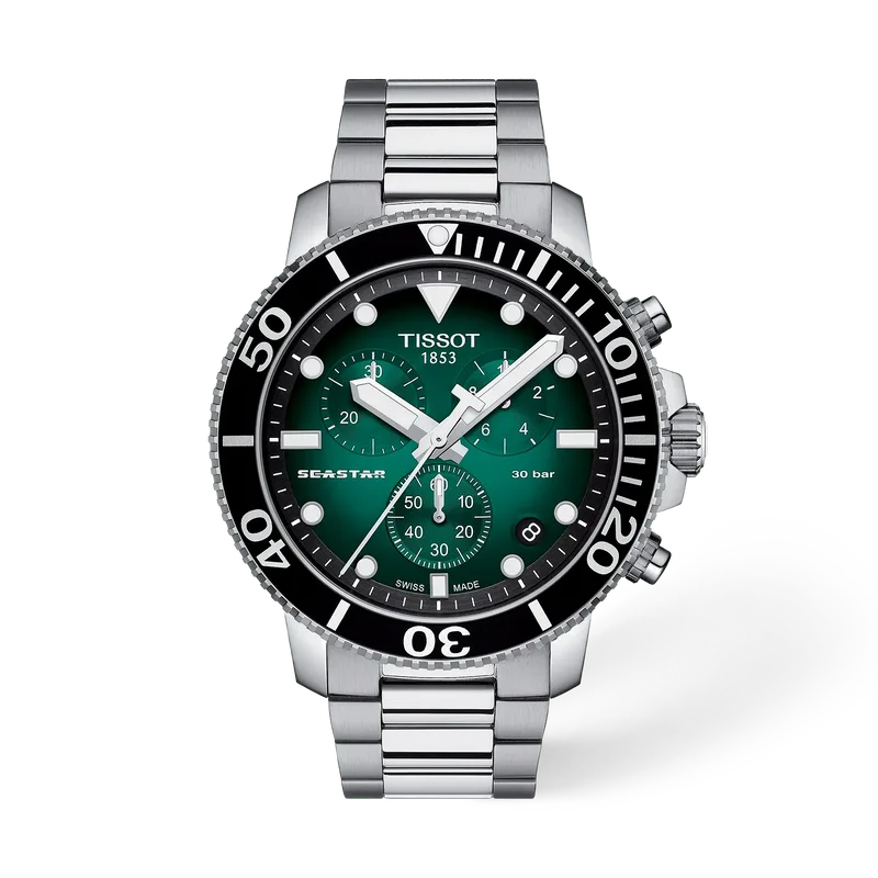 Official Tissot image of the Seastar 1000 Chronograph with a green gradient dial, black bezel and steel bracelet.