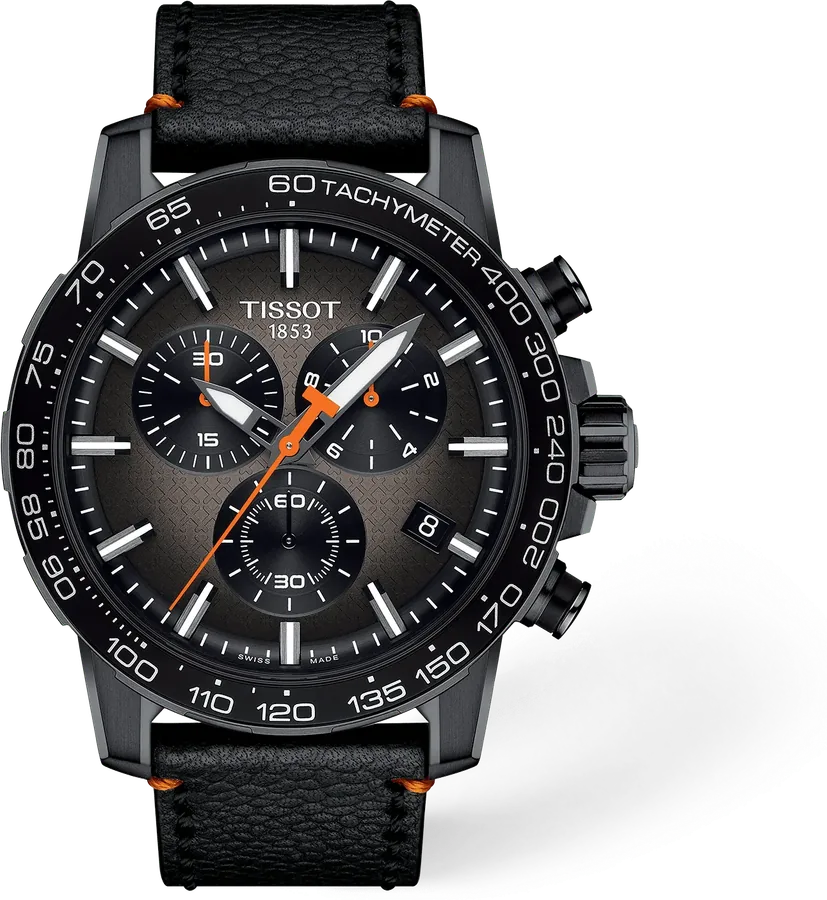 Official Tissot image of the Supersport Chrono Basketball Edition with a grey gradient dial and black leather strap.